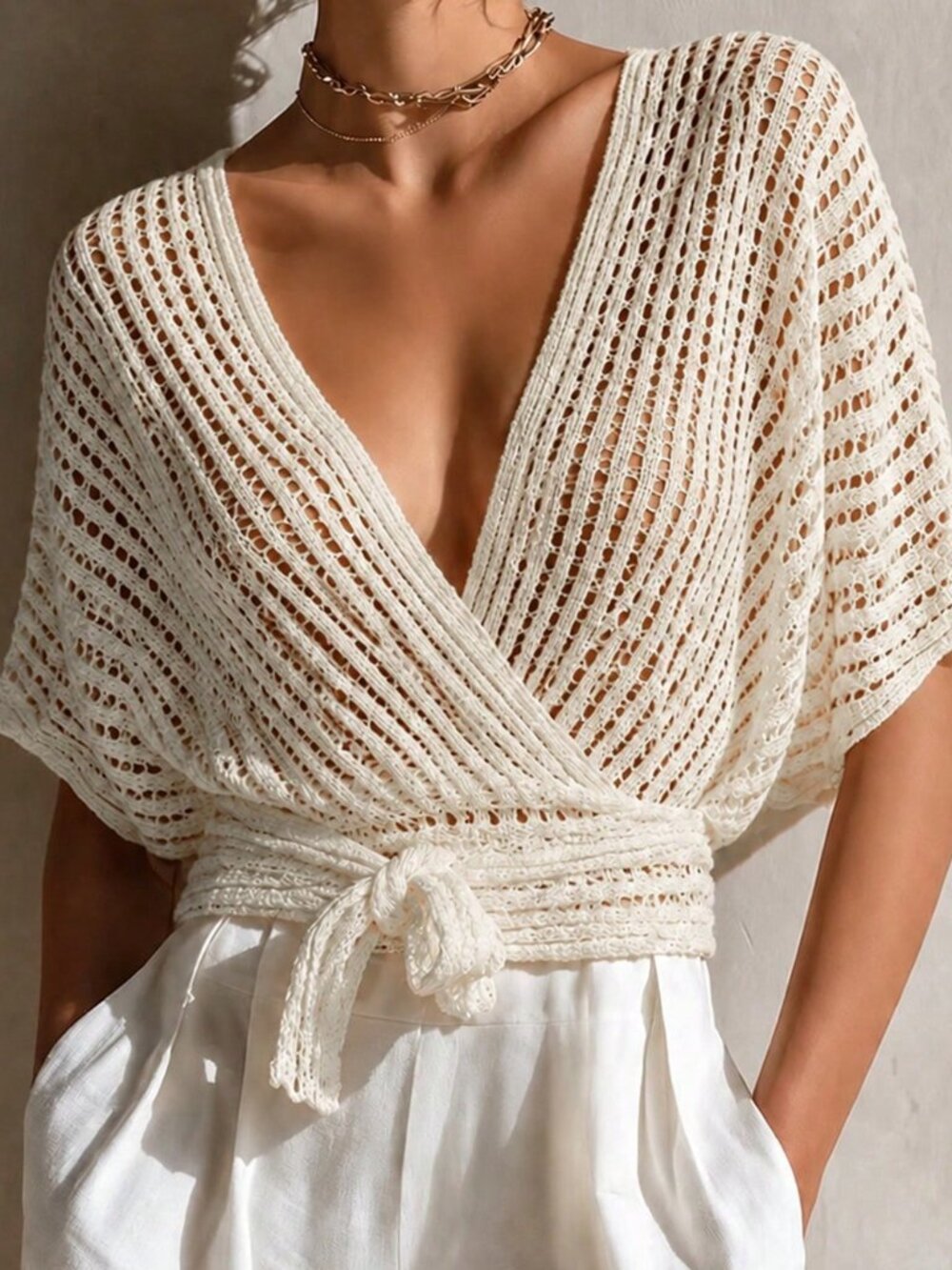 Apricot Casual Women's Minimalist Short Sleeve Batwing Loose Tie-Front Cardigan